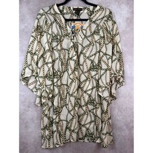 NWT MISS TINA Women Cream Olive Gold Chain Print Sheer Lace Up Kimono Cover Up M